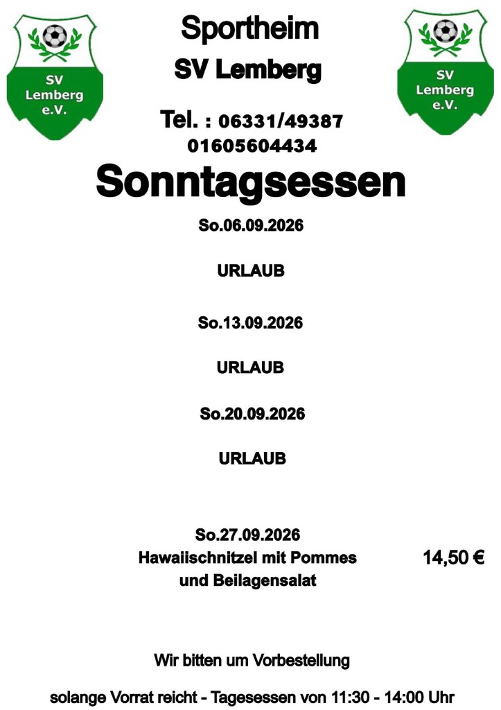 Aktuelle Sonntagsmenüs Sportheim SV Lemberg – vollständige Speisekarte