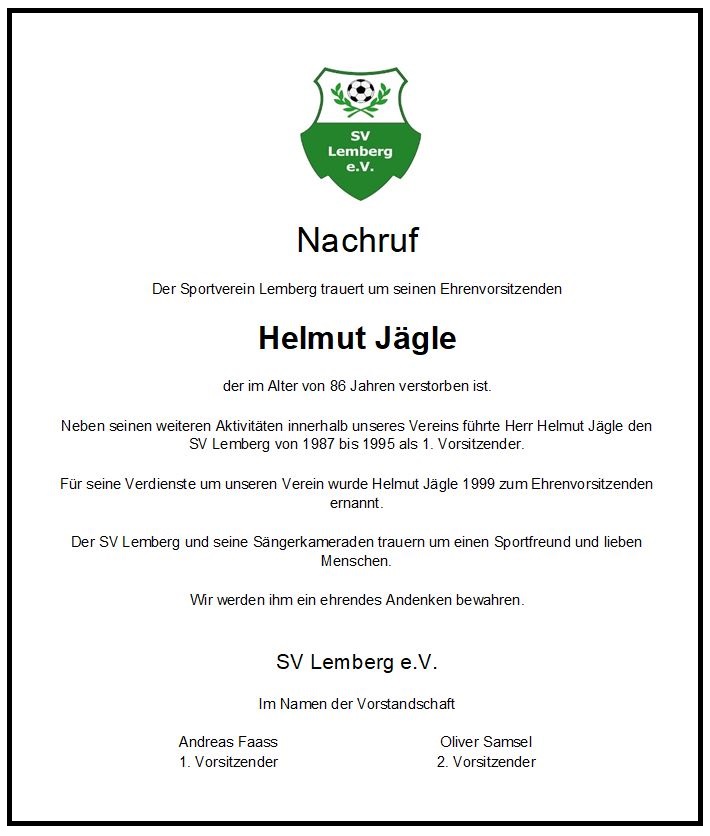 Nachruf auf Ehrenvorsitzenden Helmut Jägle