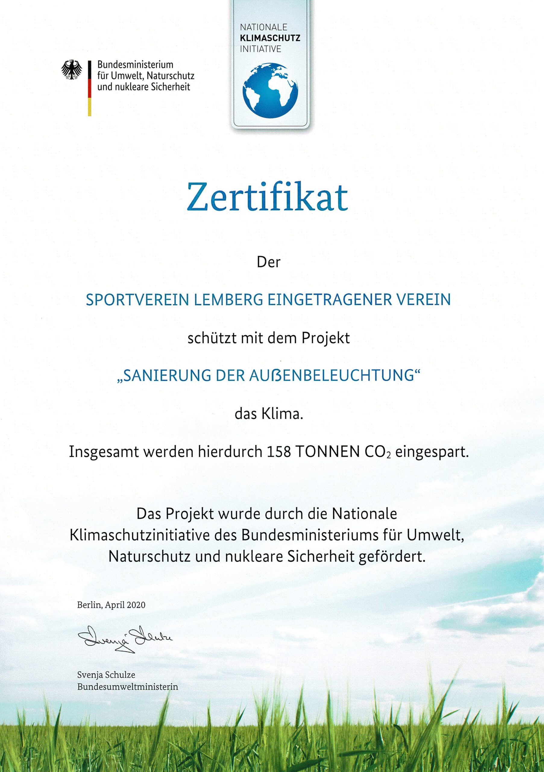 Zertifikat zur Außenbeleuchtung des SV Lemberg