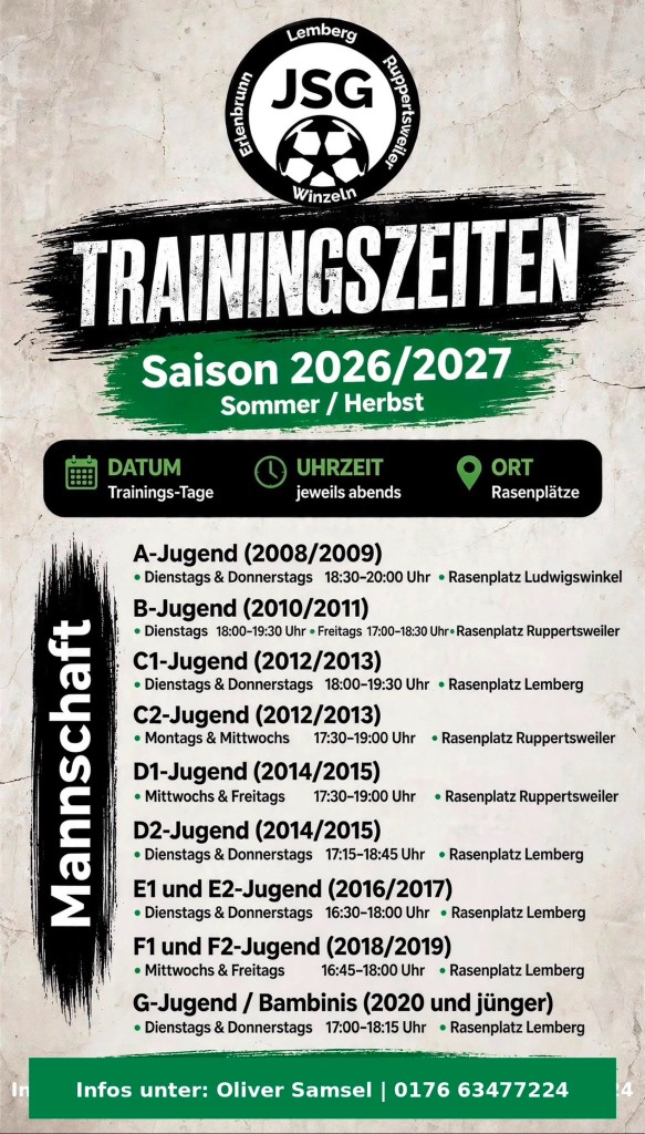 Trainingszeiten der JSG Lemberg, Erlenbrunn, Ruppertsweiler und Winzeln – Saison 2026/27 Sommer und Herbst